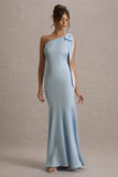 Here For Love Powder Blue Satin Asymmetric Maxi Dress With Bow