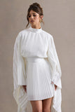 Charity White Pleated High-Neck Mini Dress With Cape Sleeves