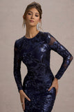 Ishana Navy Sequin Long-Sleeve Midi Dress