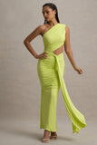 Beline Lime Green One-Shoulder Cut-Out Maxi Dress With Drape
