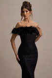 Idyll Black Lace Bardot Feather Fishtail Maxi Dress