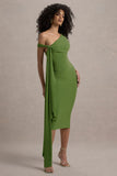 Vallea Green One-Shoulder Draped Midi Dress