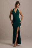 Glamour Bottle Green Backless V Plunge Halter Neck Maxi Dress With Side Split