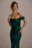 Kimberly Bottle Green Bardot Satin Maxi Dress