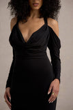Hurghada Black Plunge-Neck Long-Sleeve Maxi Dress