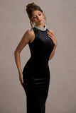 Audrine Black Velvet Embellished High-Neck Maxi Dress