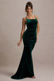 Adele Bottle Green Velvet Ruched Strappy Fishtail Maxi Dress