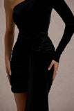 Saint Moritz Black Velvet One Sleeve Mini Dress With Flower Drape
