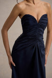 Desirie Navy Satin Sweetheart Gathered Maxi Dress