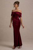 Merelyn Berry Velvet Bow Bardot Split Maxi Dress