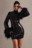 Cupid Black Sequin High-Neck Mini Dress With Feather Cuffs