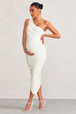 Late Night White Maternity Ruched One Shoulder Midi Dress