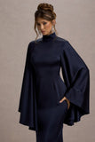 Maceline Navy Satin High-Neck Maxi Dress With Cape Sleeves