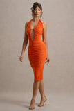 Anaisa Orange Plunge Halter-Neck Midi Dress