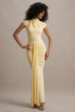 Lorenza Lemon High-Neck Ruched Maxi Dress With Draped Skirt