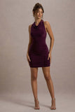 Dysis Plum Cowl-Neck Ruched Bodycon Mini Dress