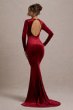 Keaton Berry Velvet Long-Sleeve Open-Back Maxi Dress