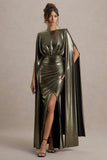 Theia Gold Metallic Cape-Sleeve Split Maxi Dress