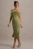 One And Only Light Green Satin Feather Trim Bandeau Midi Dress