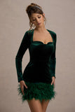Tamsin Bottle Green Velvet Long-Sleeved Feather Mini Dress