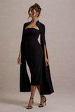 Linden Black Bodycon Cape-Sleeve Midi Dress