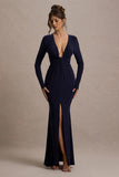 Aluna Navy Plunge-Neck Twisted Split Maxi Dress