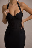 Supermodel Black Halter-Neck Corset Midi Dress