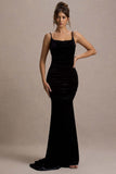 Adele Black Velvet Ruched Strappy Fishtail Maxi Dress