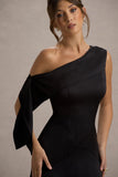 Nicola Black Satin Asymmetric Bardot Draped Maxi Dress