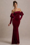 Neoma Berry Velvet Bardot Puff-Sleeve Maxi Dress