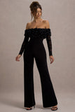 Celebrate Black Bardot Long-Sleeved Flared-Leg Jumpsuit With Flowers