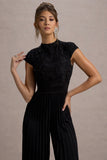 Tanner Black Cap-Sleeve Plisse Wide-Leg Jumpsuit