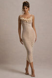 Jesi Cream Mesh Ruched Midi Dress With Ruffles