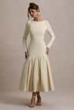 Perpetua Cream Drop-Waist Midi Dress With Volume Skirt