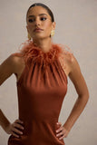 Bianca Rust Satin Feather-Trim Maxi Dress