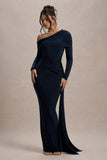 Valina Navy Ruched Asymmetric Maxi Dress With Drape