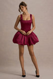 Bramble Port Satin Square-Neck Puffball Mini Dress