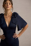 Danna Navy Satin V-Neck Short-Sleeve Midi Dress