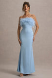 Dress For It Powder Blue Satin Feather Trim Bandeau Maxi Dress