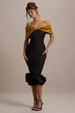 Despina Black Bardot Midi Dress With Ruffle Hem