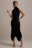 Prianyka Black High-Neck Draped Midi Dress