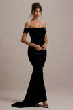 Apolline Black Velvet Off The Shoulder Ruched Fishtail Maxi Dress