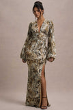 Casarile Snake Print V-Neck Balloon Sleeve Maxi Dress