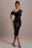 Volute Black Sequin One-Shoulder Draped Midi Dress