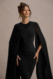 Marysol Black Asymmetric Cape Midi Dress
