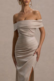 Martine Champagne Satin Bardot Wrap Maxi Dress