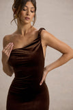 Neeka Brown Velvet Twisted Asymmetric Maxi Dress