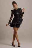 Myka Black Sequin Long-Sleeve Ruffle Hem Mini Dress