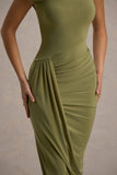 Angelique Olive Green Twisted Asymmetric Maxi Dress