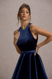 Mackie Navy Velvet Sleeveless Skater Mini Dress